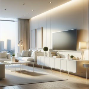 Mueble TV blanco con almacenaje en salon luminoso