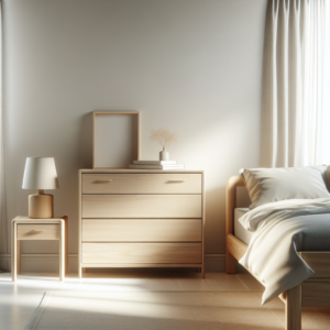 Cajonera clara en dormitorio minimalista