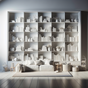 Estanteria minimalista blanca con libros y cestas