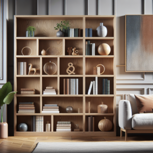 Estanteria abierta de roble en salon moderno